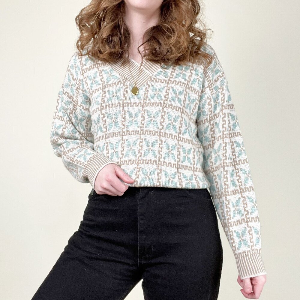 Vintage Fair Isle Knit Floral Pattern Slouchy Eccentric Eclectic Grandpa Grandma